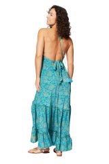 Robe longue bohème femme dos nu à volants, été, motif fleuri turquoise jaune 356883