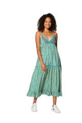 Robe longue boho gypsie femme bleue à fleurs d\'été Nathalia