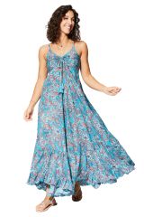 Robe longue chic à volants, bretelles fines, motif cachemire rouge et bleu 356918