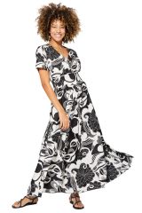 Robe longue chic noir et blanc mega fleurs Anna