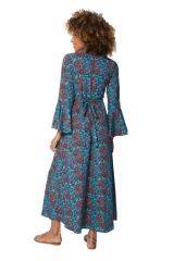 Robe longue coupe portefeuille manches longues bleue à fleurs Reign