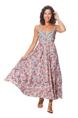 Robe longue crème et rose à fleurs Nouna 337005