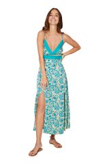 Robe longue décolleté cur-croisé féminin bleue mode ethnique chic Miya