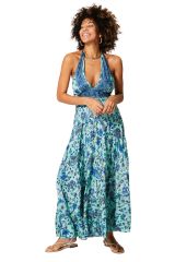 Robe longue dos nu été femme fluide boho chic motif fleuri bleu 362316