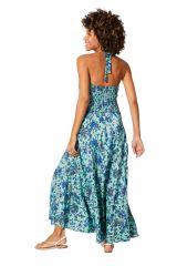 Robe longue dos nu été femme fluide boho chic motif fleuri bleu 362317