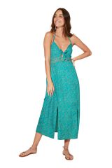 Robe longue échancrée à dos nu féminine imprimé bleu Amélya