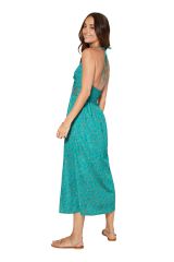 Robe longue échancrée à dos nu féminine imprimé bleu Amélya