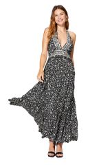 Robe longue élégante dos nu fluide été femme motif fleuri noir et blanc 362312