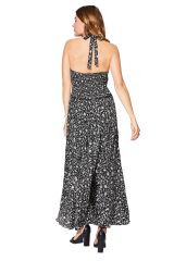 Robe longue élégante dos nu fluide été femme motif fleuri noir et blanc 362313