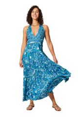 Robe longue été dos nu et fluide motif cachemire boho bleu