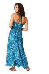 Robe longue été dos nu et fluide motif cachemire boho bleu