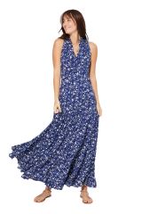 Robe longue fines fleurs blanche et bleu nuit Aleksandrina