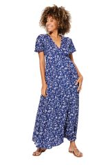 Robe longue fines fleurs blanche et bleu nuit Alexandr