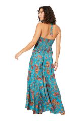 Robe longue fond bleu et fleurs originales colorées Antipater