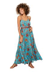 Robe longue fond bleu et fleurs originales colorées Apollinaris