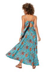 Robe longue fond bleu et fleurs originales colorées Apollinaris