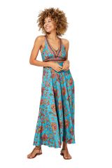 Robe longue fond bleu et fleurs originales colorées Arisha