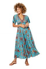 Robe longue fond bleu et fleurs originales colorées Artair