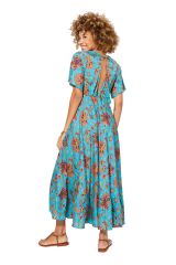 Robe longue fond bleu et fleurs originales colorées Artair