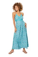 Robe longue imprimé chic bleuté fleuri Aphrodisia