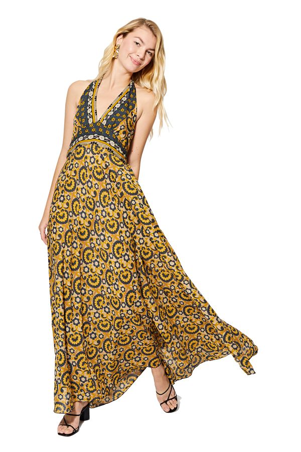 Robe longue jaune dos nu bohème chic fleurs de soirée Kinue