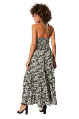 Robe longue Maxi dos nu fluide motif fleuri vintage bohème noir et crème 362319