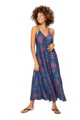 Robe longue style gypsie bleu à fleurs rose  Aria