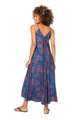 Robe longue style gypsie bleu à fleurs rose  Aria