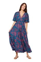 Robe longue style gypsie bleu à fleurs rose  Arsenios