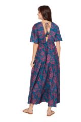 Robe longue style gypsie bleu à fleurs rose  Arsenios