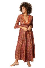 Robe Maxi Bohème manches 3/4 à Motif Paisley en Tons Chauds rouge 