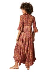 Robe Maxi Bohème manches 3/4 à Motif Paisley en Tons Chauds rouge 