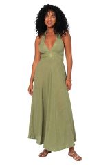 Robe maxi dos nu de plage boho chic en voile vert kaki décor broderies poétiques 362339