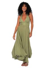 Robe maxi dos nu de plage boho chic en voile vert kaki décor broderies poétiques 362340