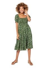 Robe mi-longue à fines fleurs blanche sur ton vert Alfredo