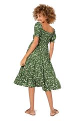 Robe mi-longue à fines fleurs blanche sur ton vert Alfredo