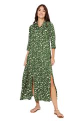 Robe mi-longue à fines fleurs blanche sur ton vert Aliisa