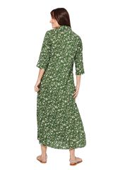 Robe mi-longue à fines fleurs blanche sur ton vert Aliisa