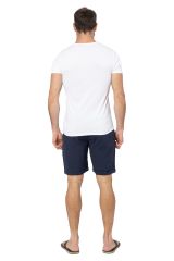 Short style chino homme été coton lin uni bleu marine 354543