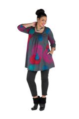 Tunique grande taille à manches trois quarts Grise avec motifs colorés et col smocké Liv 300558